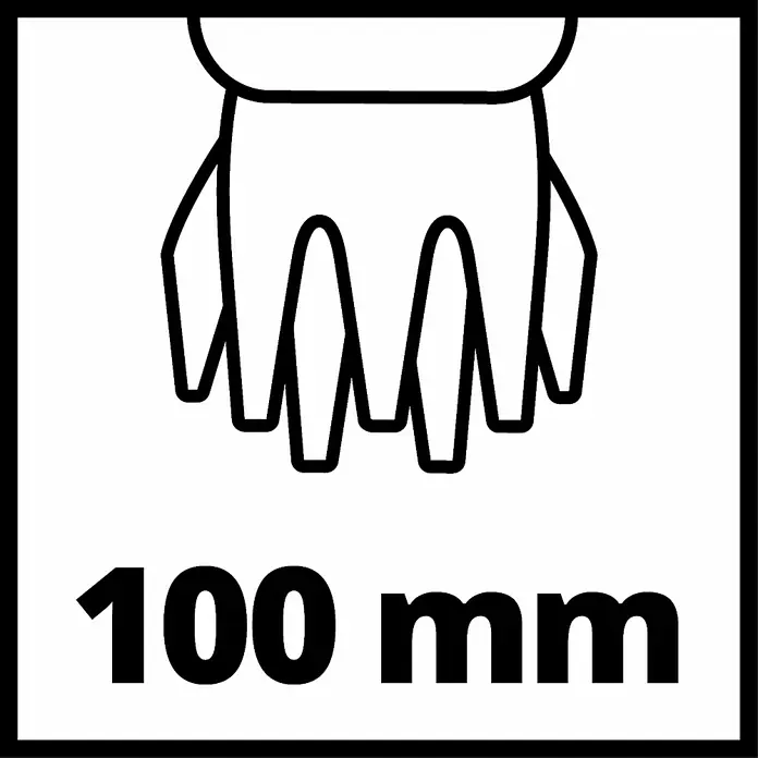Einhell Power X-Change 18V Akku-Gras- & Strauchschere GC-CG 18 Li-Solo - 18 V, Li-Ionen, Ohne Akku, 100 mm - Symbol mit einer Hand und der Angabe "100 mm", möglicherweise eine Produktdimension oder ein Sicherheitsabstand.