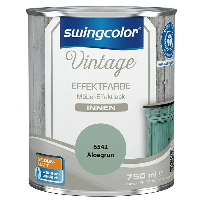 swingcolor Vintage Effektfarbe Möbel-Effektlack - Aloegrün, 750 ml, Seidenmatt - Dose Swingcolor Vintage Effektfarbe Möbellack in der Farbe Aloegrün. Die Farbe ist wasserbasiert und seidenmatt.