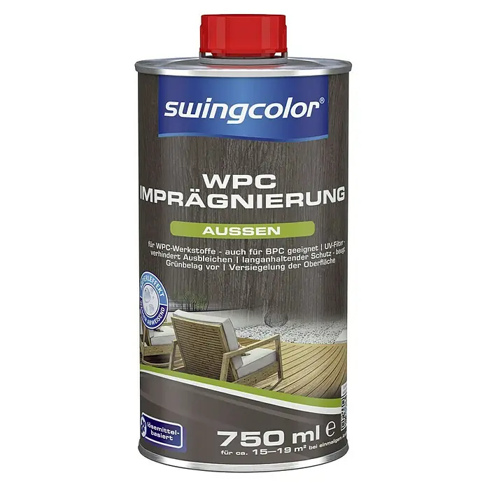 swingcolor WPC-Imprägnierung - Farblos, 750 ml - Abbildung einer Dose Swingcolor WPC Imprägnierung "Aussen". Geeignet für WPC-Werkstoffe, schützt vor Ausbleichen und Grünbelag.