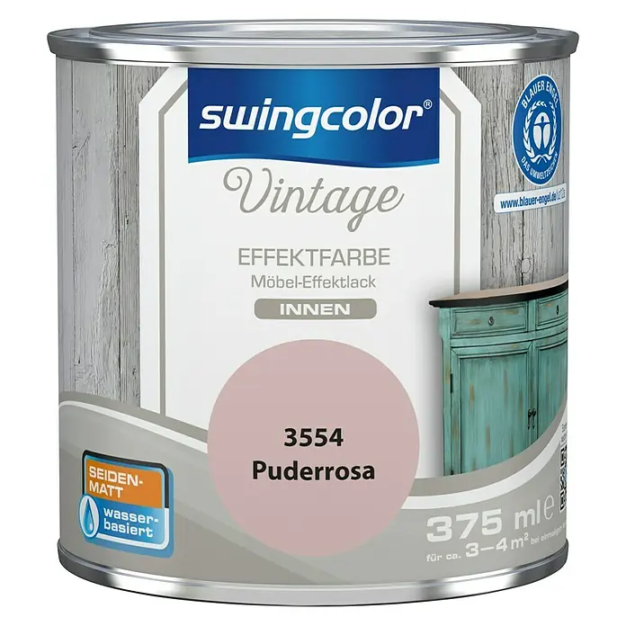 swingcolor Vintage Effektfarbe Möbel-Effektlack - Puderrosa, 375 ml, Seidenmatt - Farbdose Swingcolor Vintage Effektfarbe Möbellack in Puderrosa, 375 ml für Möbelgestaltung im Innenbereich.