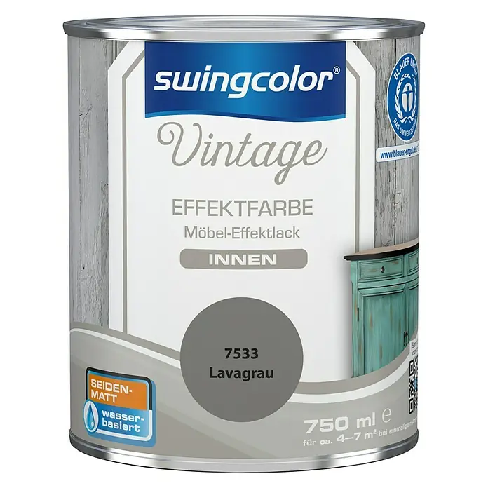 swingcolor Vintage Effektfarbe Möbel-Effektlack - Lavagrau, 750 ml, Seidenmatt - Dose Swingcolor Vintage Effektfarbe Lavagrau 7533, seidenmatt, wasserbasiert, für Möbel. Ideal für den Innenbereich, 750 ml Inhalt.
