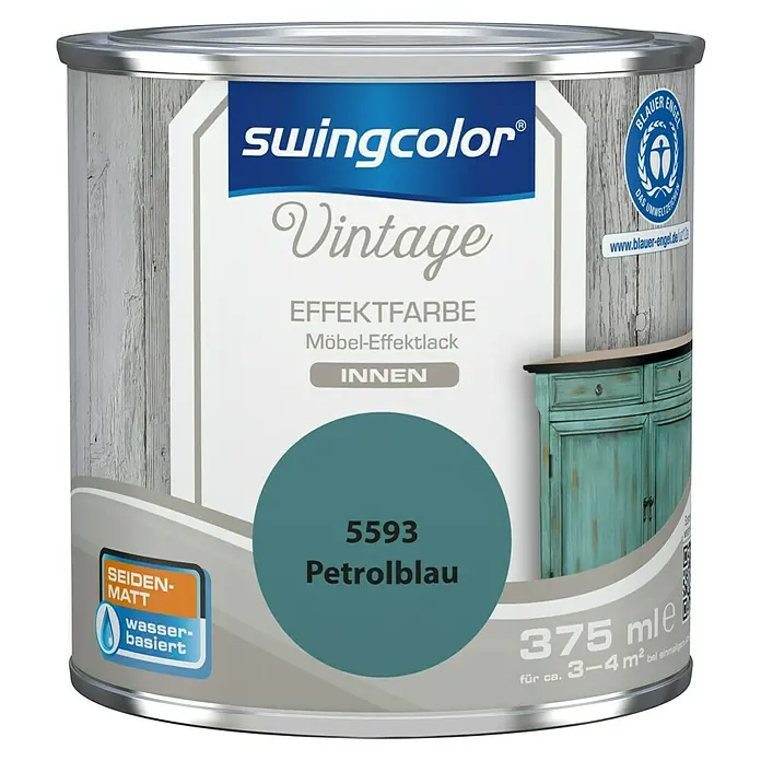 swingcolor Vintage Effektfarbe Möbel-Effektlack - Petrolblau, 375 ml, Seidenmatt - Dose Swingcolor Vintage Effektfarbe Möbel-Effektlack in Petrolblau. Wasserbasierte Seidenmatt Farbe für den Innenbereich mit 375 ml Inhalt.