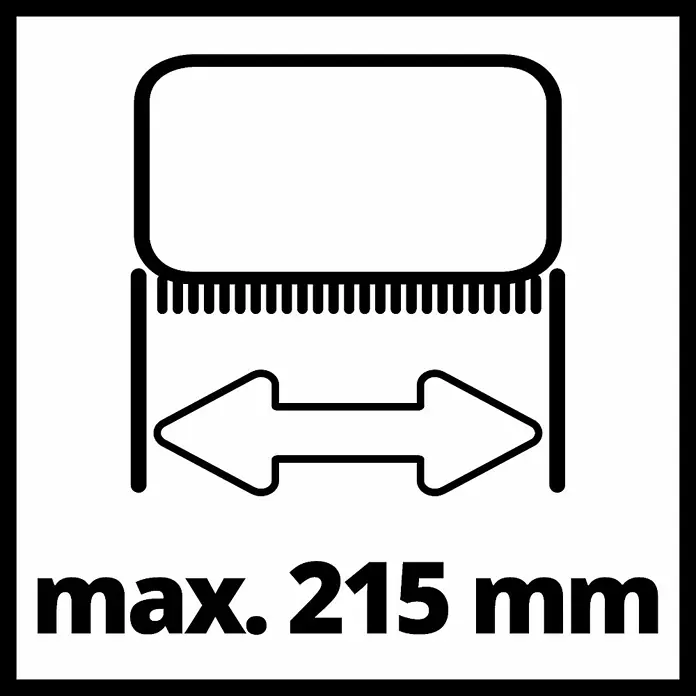 Einhell Power X-Change 18V Akku-Oberflächenbürste Picobella 18/215 - 18 V, Ohne Akku - Symbol für die maximale Schnittbreite bis 215 mm. Hinweis für die Produktverwendung und -sicherheit.
