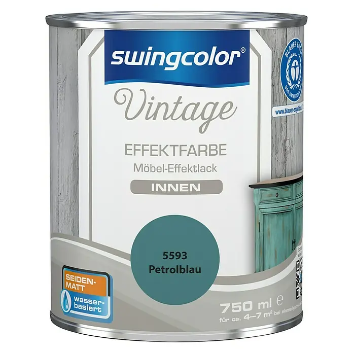 swingcolor Vintage Effektfarbe Möbel-Effektlack - Petrolblau, 750 ml, Seidenmatt - Dose Swingcolor Vintage Effektfarbe Möbel-Effektlack Innen, Farbton Petrolblau. Für Vintage-Möbel-Looks im Innenbereich.