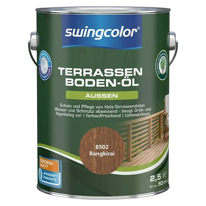 swingcolor Holzöl Terrassenboden-ÖlBangkirai, 2,5 l, Seidenmatt - Dose Swingcolor Terrassen Boden-Öl Bangkirai 8502 für den Außenbereich, wasserabweisend und tiefenwirksam zum Schutz und zur Pflege von Holzterrassen.