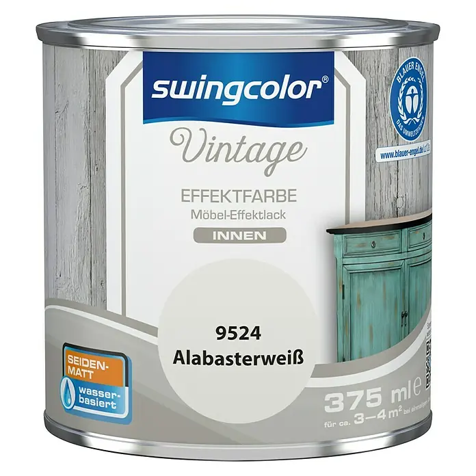 swingcolor Vintage Effektfarbe Möbel-Effektlack - Alabasterweiß, 375 ml, Seidenmatt - Dose Swingcolor Vintage Effektfarbe in Alabasterweiß, seidenglänzend, wasserbasiert, ideal für Möbel.