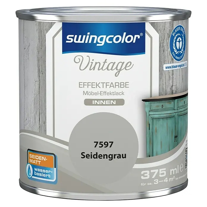 swingcolor Vintage Effektfarbe Möbel-Effektlack - Seidengrau, 375 ml, Seidenmatt - Dose Swingcolor Vintage Effektfarbe Möbel-Effektlack in Seidengrau. Die Farbe ist wasserbasiert und für den Innenbereich geeignet und verleiht Möbeln einen Vintage-Look.