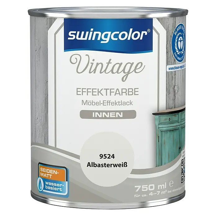 swingcolor Vintage Effektfarbe Möbel-Effektlack - Alabasterweiß, 750 ml, Seidenmatt - Dose Swingcolor Vintage Effektfarbe Möbel-Effektlack in Alabasterweiß, 750 ml. Ideal für Vintage-Look, seidenmatt, wasserbasiert und für Innenräume.