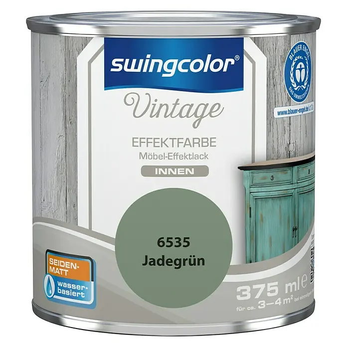 swingcolor Vintage Effektfarbe Möbel-Effektlack - Jadegrün, 375 ml, Seidenmatt - Dose Swingcolor Vintage Effektfarbe Möbel-Effektlack in Jadegrün, 375 ml, für Vintage-Möbel-Looks im Innenbereich.