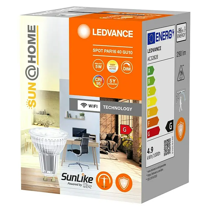 Ledvance SUN@Home Smart-LED-Lampe Smart+ WIFI - GU10, Dimmbar, Neutralweiß, 268 lm, 4,9 W - Bild einer LEDVANCE Sun@Home SPOT PAR16 40 GU10 Lampe, die eine effiziente und intelligente Beleuchtungslösung für Ihr Zuhause bietet.