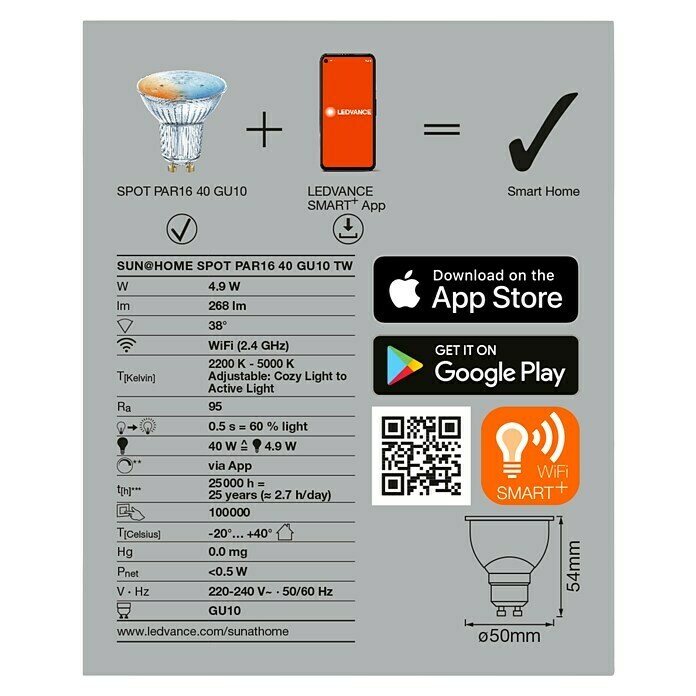 Ledvance SUN@Home Smart-LED-Lampe Smart+ WIFI (GU10, Dimmbar, Neutralweiß, 268 lm, 4,9 W) | BAUHAUS