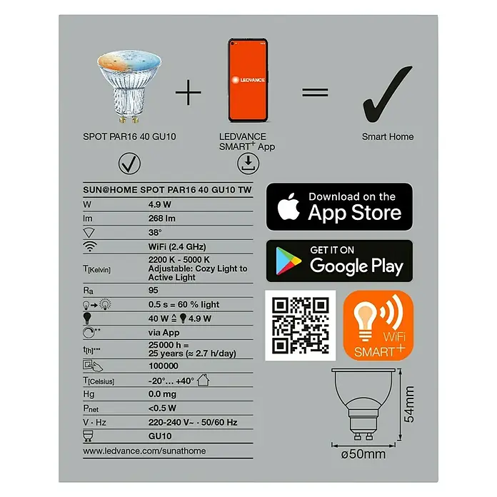 Ledvance SUN@Home Smart-LED-Lampe Smart+ WIFI - GU10, Dimmbar, Neutralweiß, 268 lm, 4,9 W - Produktbild einer LEDVANCE SUN@HOME SPOT PAR16 40 GU10 TW Smart Home Lampe mit App-Steuerung für ein intelligentes Zuhause.