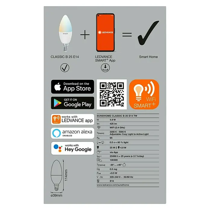Ledvance SUN@Home Smart-LED-Lampe Smart+ WIFI - E14, Dimmbar, Neutralweiß, 425 lm, 4,9 W - Produktbild einer LEDVANCE CLASSIC B 25 E14 TW Smart Home Glühbirne mit App-Steuerung und technischen Daten.