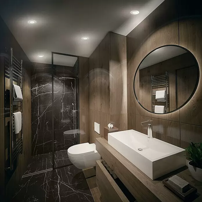 Ledvance SUN@Home Smart-LED-Lampe Smart+ WIFI - GU10, Dimmbar, Neutralweiß, 268 lm, 4,9 W - Modernes Bad mit dunklem Marmor und Holz, ausgestattet mit Dusche, Toilette und beleuchtetem Spiegel.