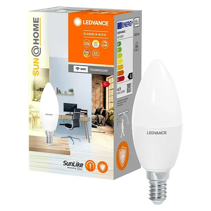 Ledvance SUN@Home Smart-LED-Lampe Smart+ WIFI - E14, Dimmbar, Neutralweiß, 425 lm, 4,9 W - Produktfoto einer LEDVANCE Classic B 40 E14 LED-Lampe mit WLAN-Technologie und hoher Farbwiedergabe (CRI 95) in Weiß.