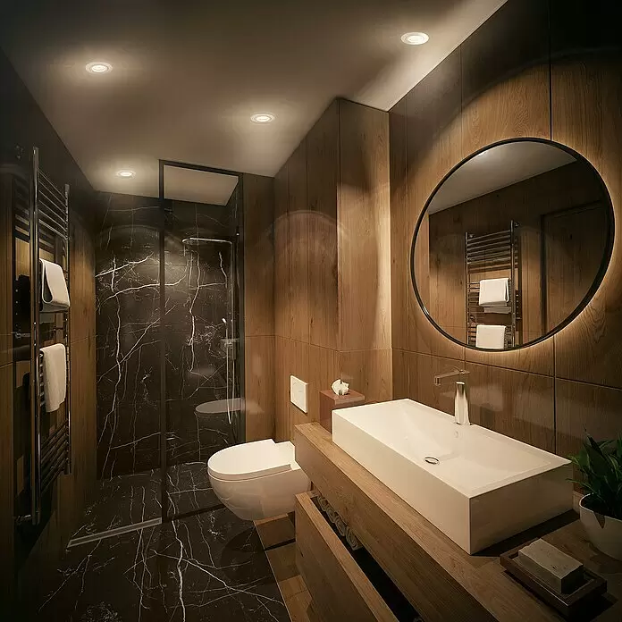 Ledvance SUN@Home Smart-LED-Lampe Smart+ WIFI - GU10, Dimmbar, Neutralweiß, 268 lm, 4,9 W - Modernes Badezimmer mit schwarzer Marmordusche, Holzwänden, weißem Waschbecken und hinterleuchtetem Spiegel.
