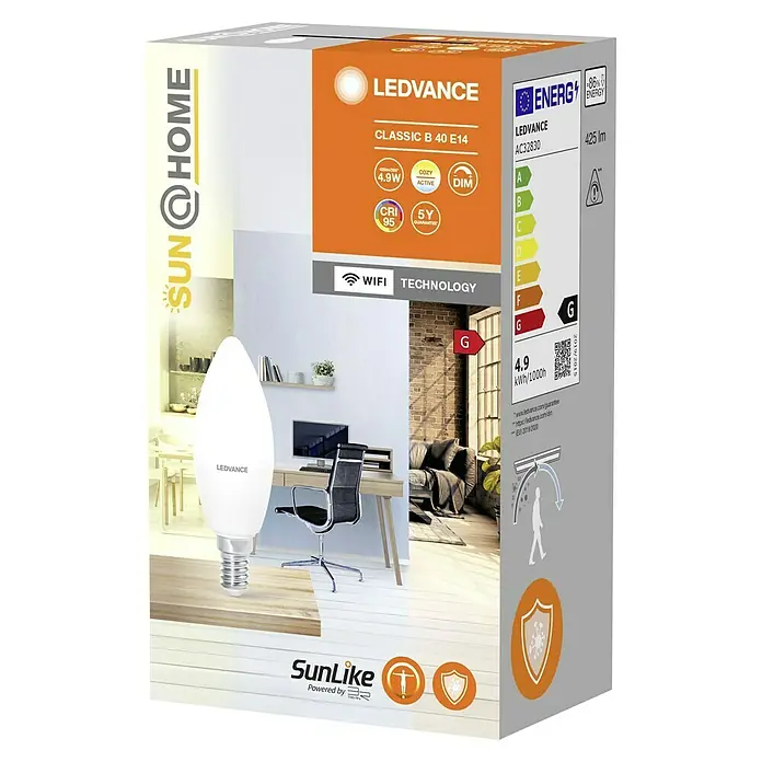 Ledvance SUN@Home Smart-LED-Lampe Smart+ WIFIE14, Dimmbar, Neutralweiß, 425 lm, 4,9 W - Produktbild der LEDVANCE Classic B 40 E14 LED Lampe, die intelligentes Licht mit modernster Technologie verbindet.