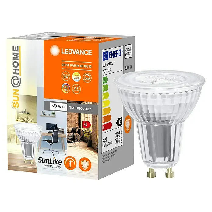 Ledvance SUN@Home Smart-LED-Lampe Smart+ WIFI - GU10, Dimmbar, Neutralweiß, 268 lm, 4,9 W - Produktbild einer LEDVANCE Spot PAR16 40 GU10 LED-Lampe, die Energieeffizienz und modernes Design vereint.