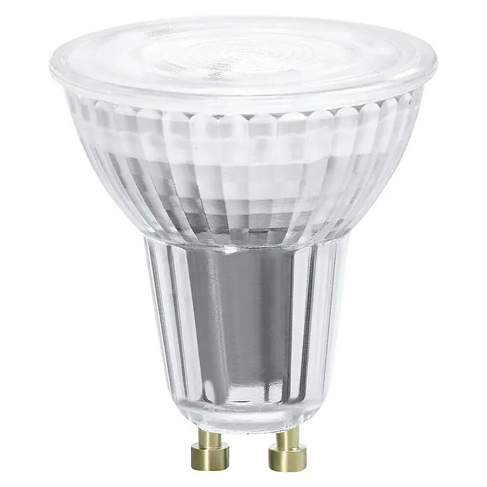 Ledvance SUN@Home Smart-LED-Lampe Smart+ WIFI - GU10, Dimmbar, Neutralweiß, 268 lm, 4,9 W - Nahaufnahme einer MR16 LED-Lampe mit klarem Glasgehäuse und zwei Stiftkontakten, ideal für fokussierte Beleuchtung.