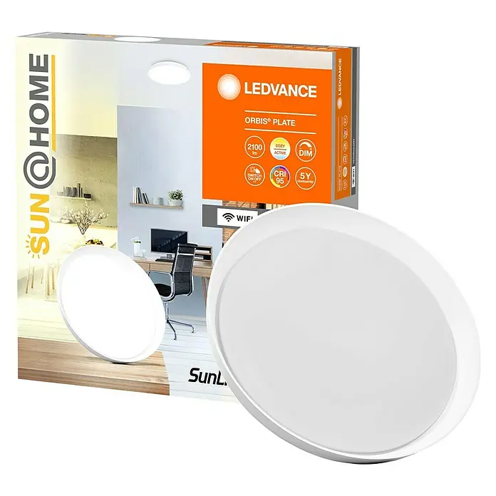 Ledvance SUN@Home LED-Wand- & Deckenleuchte rund Orbis Plate - 26 W, Ø x H: 43 x 7 cm, Weiß, Kaltweiß - Produktfoto der LEDVANCE ORBIS® PLATE Deckenleuchte, die für eine helle und gemütliche Beleuchtung in Innenräumen sorgt.