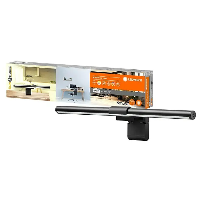 Ledvance SUN@Home Bürobeleuchtung - Breite: 4,4 cm - Ein LEDVANCE Sunlike Monitor Clip Lampe zur optimalen Ausleuchtung des Arbeitsplatzes, sowohl Lampe als auch die zugehörige Verpackung sind abgebildet.