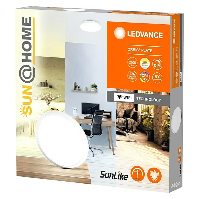 Ledvance SUN@Home LED-Wand- & Deckenleuchte rund Orbis Plate - 26 W, Ø x H: 43 x 7 cm, Weiß, Kaltweiß - Produktverpackung für LEDVANCE ORBIS® PLATE Deckenleuchte mit WiFi Technologie, dimmbar, 2100 lm, CRI 95 und 5 Jahre Garantie.