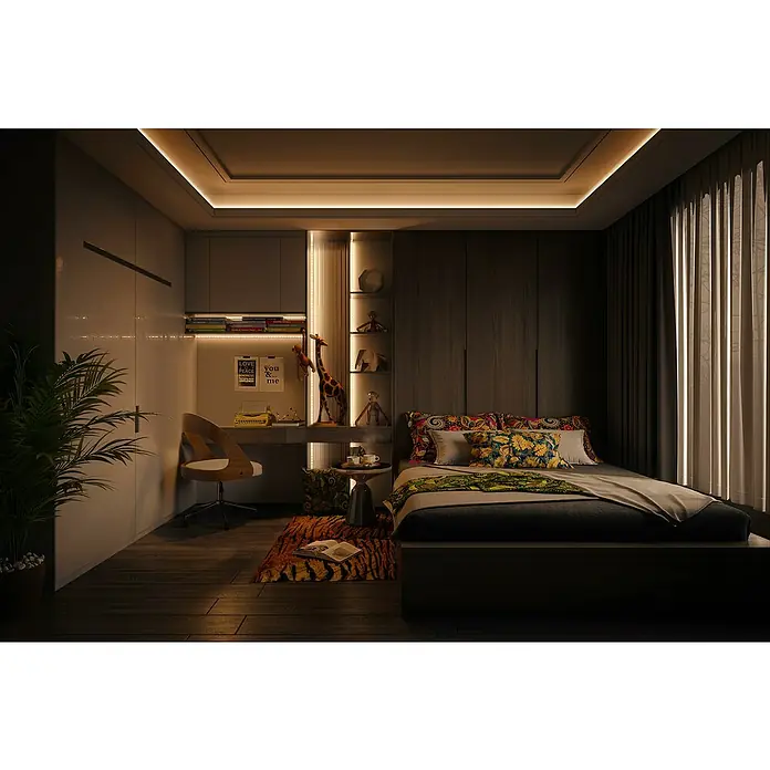 Ledvance SUN@Home Smart-LED-Band Moodlight - Länge: 300 cm, Kaltweiß, 13,5 W, 65 lm - Elegantes Schlafzimmerdesign mit dunklen Holztönen, integriertem Schreibtisch und indirekter Beleuchtung für eine gemütliche Atmosphäre.