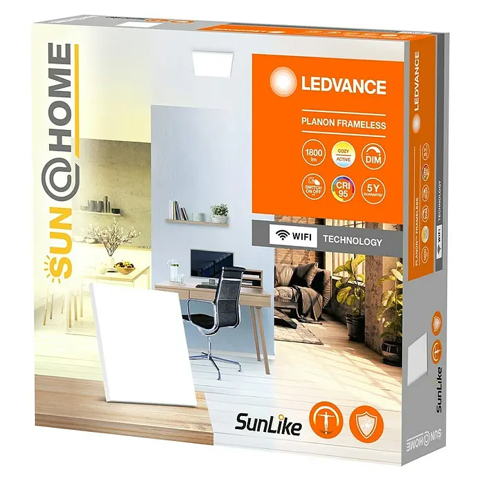 Ledvance SUN@Home LED-Panel Planon Frameless - 20 W, L x B x H: 30 x 30 x 6,1 cm, Weiß, Kaltweiß - Verpackung der LEDVANCE Planon Frameless WiFi-Deckenleuchte mit den Leistungsmerkmalen 1800lm, dimmbar, CRI95 und 5 Jahren Garantie.