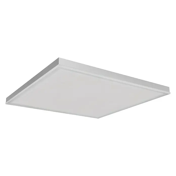 Ledvance SUN@Home LED-Panel Planon Frameless - 20 W, L x B x H: 30 x 30 x 6,1 cm, Weiß, Kaltweiß - Nahaufnahme einer quadratischen LED-Deckenleuchte mit weißem Rahmen und flachem, hell erleuchtetem Diffusor. Ideal für moderne Büros und Wohnräume.