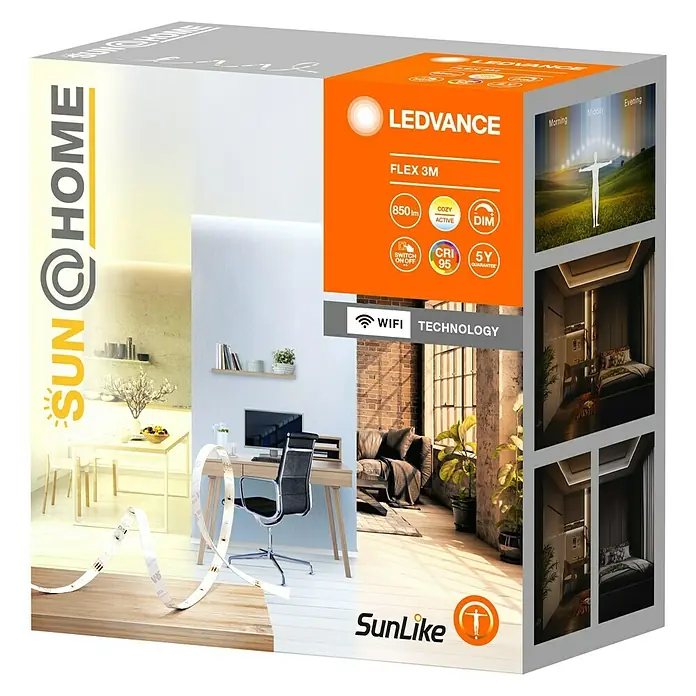 Ledvance SUN@Home Smart-LED-Band Moodlight - Länge: 300 cm, Kaltweiß, 13,5 W, 65 lm - Produktverpackung für LEDVANCE Flex 3M LED-Streifen mit WiFi-Technologie, ideal für stimmungsvolle Beleuchtung im ganzen Haus.