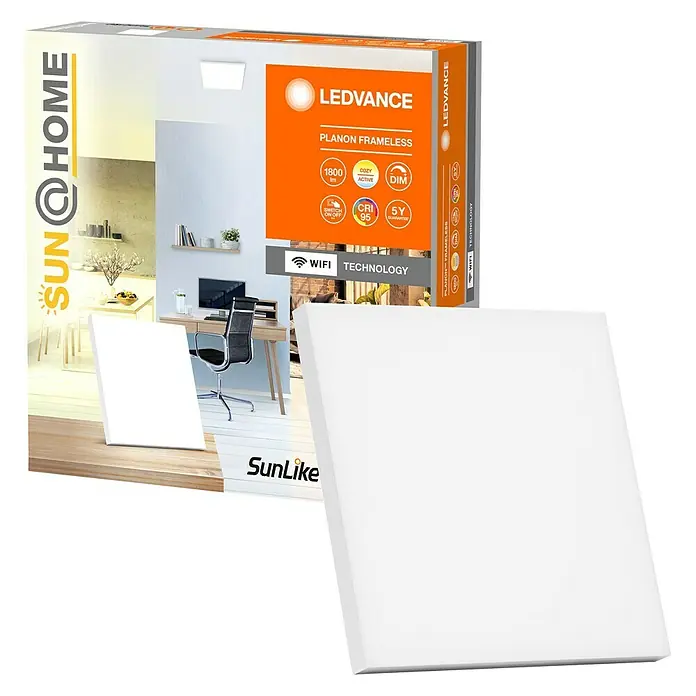 Ledvance SUN@Home LED-Panel Planon Frameless - 20 W, L x B x H: 30 x 30 x 6,1 cm, Weiß, Kaltweiß - Das Bild zeigt ein LEDVANCE Planon Frameless LED-Panel in einem Karton, das für seine Energieeffizienz und sein schlankes Design bekannt ist.