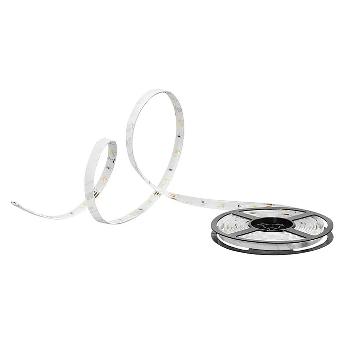 Ledvance SUN@Home Smart-LED-Band Moodlight - Länge: 300 cm, Kaltweiß, 13,5 W, 65 lm - LED-Streifen auf einer Rolle. Der flexible LED-Streifen ist auf einer schwarzen Rolle aufgewickelt und teilweise abgerollt.