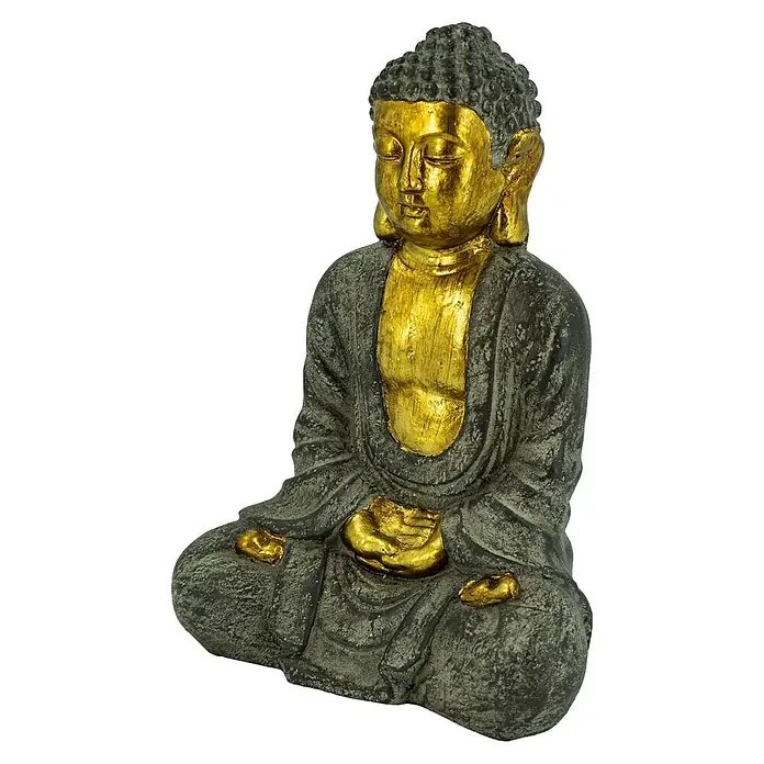 Buddha Sitzend - 26 x 17 x 37 cm, Magnesia, Grau/Gold - Eine detailreiche Buddha-Statue in meditativer Pose, mit goldenen Akzenten, die spirituelle Ruhe und Gelassenheit ausstrahlt.