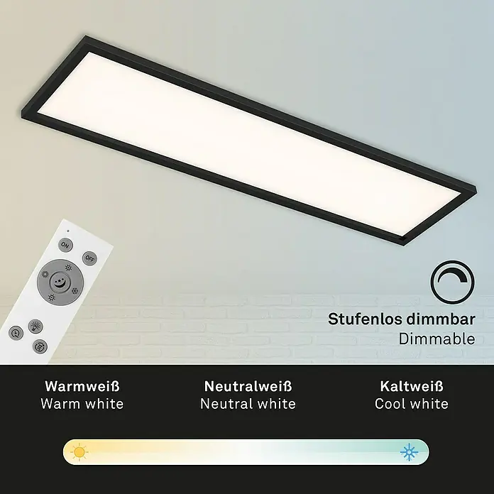 Briloner LED-Panel - 36 W, L x B x H: 119,5 x 29,5 x 8 cm, Schwarz, Warmweiß - Eine dimmbare LED-Deckenleuchte in Schwarz mit Fernbedienung zur Steuerung der Farbtemperatur.