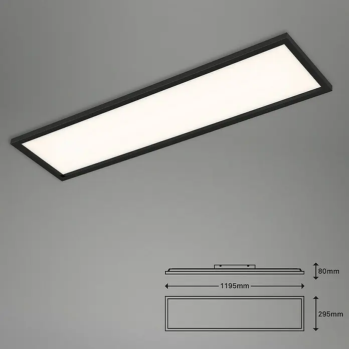 Briloner LED-Panel - 36 W, L x B x H: 119,5 x 29,5 x 8 cm, Schwarz, Warmweiß - Rechteckige Deckenleuchte mit schwarzem Rahmen und hellweißer Lichtfläche. Produktmaße in Millimeter angegeben.