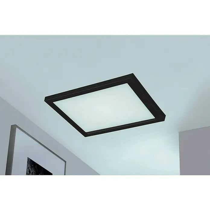 Briloner LED-Panel18 W, L x B x H: 29,5 x 29,5 x 8 cm, Schwarz, Warmweiß - Quadratische Deckenleuchte mit schwarzem Rahmen und hellem, diffusem Licht für eine moderne Raumbeleuchtung.
