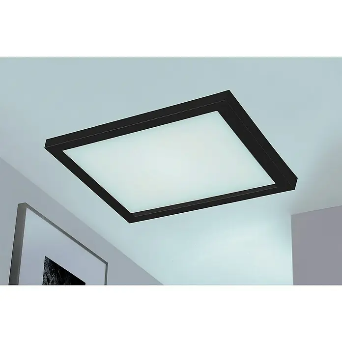 Briloner LED-Panel - 24 W, L x B x H: 44,5 x 44,5 x 8 cm, Schwarz, Warmweiß - Deckenleuchte mit quadratischem Design und schwarzem Rahmen, die ein helles und modernes Ambiente schafft.
