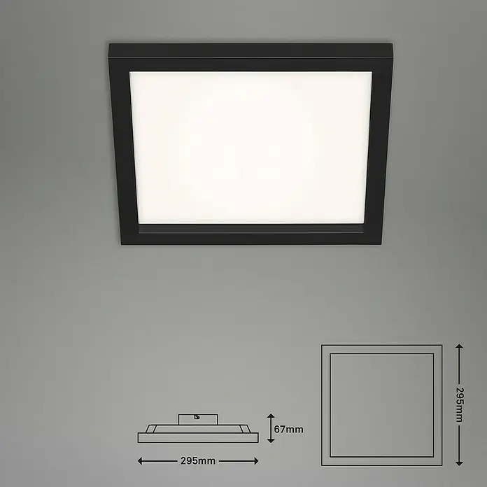 Briloner LED-Panel - 18 W, L x B x H: 29,5 x 29,5 x 8 cm, Schwarz, Warmweiß - Die quadratische Deckenleuchte in Schwarz sorgt für eine moderne Beleuchtung. Abmessungen: 295 x 295 mm, Höhe 67 mm.