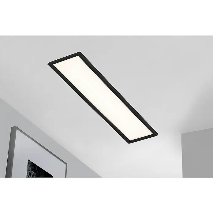 Briloner LED-Panel - 36 W, L x B x H: 119,5 x 29,5 x 8 cm, Schwarz, Warmweiß - Moderne Deckenleuchte mit schwarzem Rahmen und hellem, rechteckigem Lichtfeld, ideal für stilvolle Innenräume und zeitgemäßes Design.