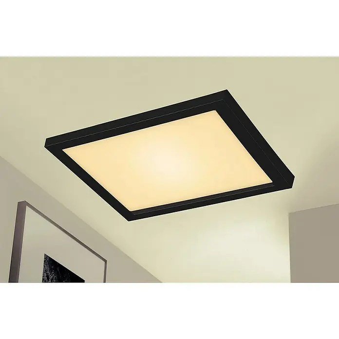 Briloner LED-Panel - 24 W, L x B x H: 44,5 x 44,5 x 8 cm, Schwarz, Warmweiß - Deckenleuchte mit quadratischem Design. Die Leuchte hat einen schwarzen Rahmen und eine helle, gleichmäßige Ausleuchtung für ein angenehmes Raumlicht.