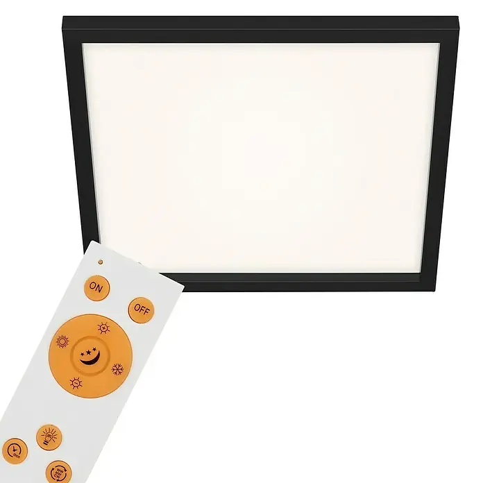 Briloner LED-Panel - 24 W, L x B x H: 44,5 x 44,5 x 8 cm, Schwarz, Warmweiß - Schwarze LED-Deckenleuchte mit quadratischem Lampenschirm und einer weißen Fernbedienung zur Steuerung der Lichtmodi.