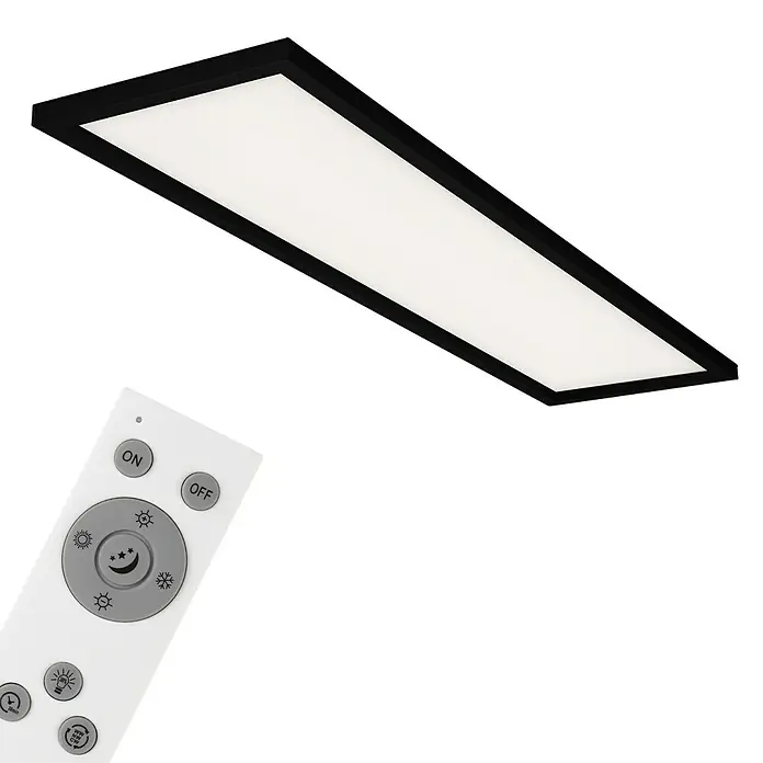 Briloner LED-Panel - 36 W, L x B x H: 119,5 x 29,5 x 8 cm, Schwarz, Warmweiß - Flache LED-Deckenleuchte mit schwarzem Rahmen und zugehöriger Fernbedienung zur Steuerung der Helligkeit und anderer Funktionen.