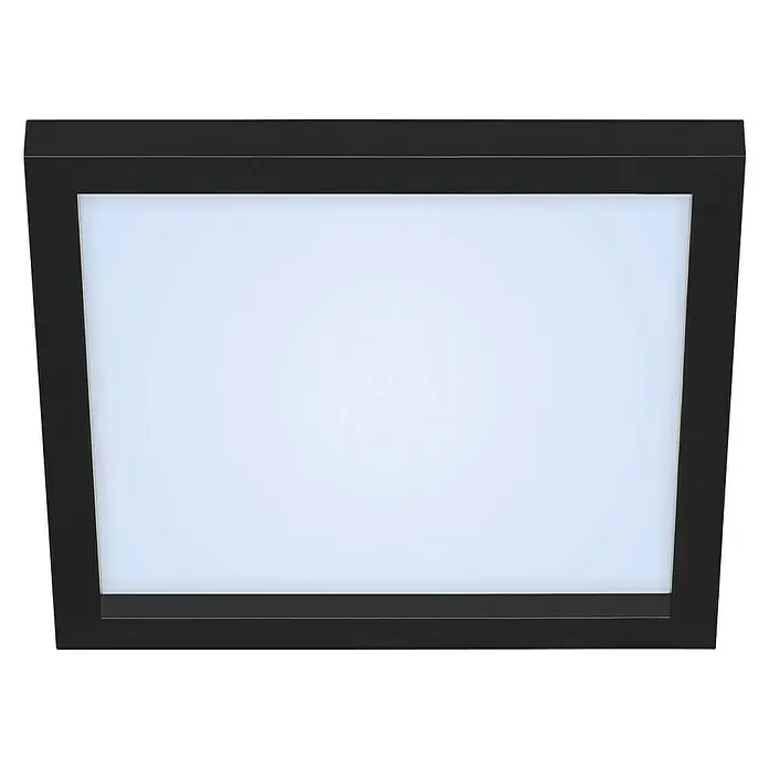 Briloner LED-Panel - 18 W, L x B x H: 29,5 x 29,5 x 8 cm, Schwarz, Warmweiß - Nahaufnahme einer modernen, quadratischen LED-Deckenleuchte mit schwarzem Rahmen und weißem Diffusor, ideal für stilvolle Innenräume.