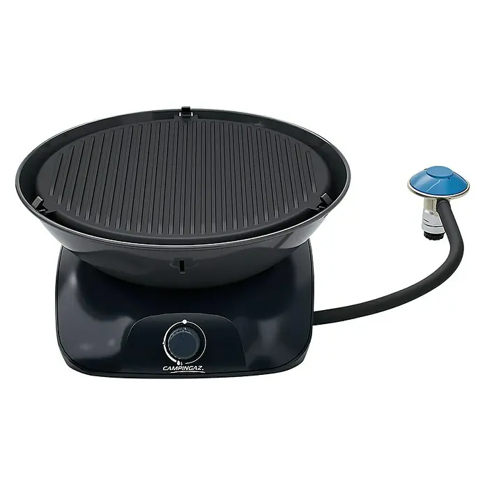 Campingaz Barbacoa de gas CV 360 - 2.400 W, Número de quemadores: 1 - Imagen de un dispositivo de parrilla CampinGaz negro con placa de parrilla y controlador sobre un fondo negro.