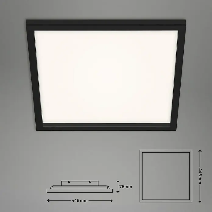 Briloner LED-Panel - 24 W, L x B x H: 44,5 x 44,5 x 8 cm, Schwarz, Warmweiß - Schwarze quadratische LED-Deckenleuchte. Ideal für moderne Innenräume. Abmessungen: 445 x 445 x 75 mm.