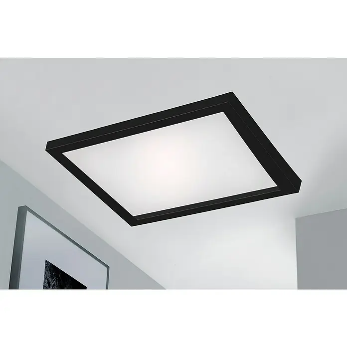 Briloner LED-Panel - 24 W, L x B x H: 44,5 x 44,5 x 8 cm, Schwarz, Warmweiß - Moderne Deckenleuchte mit quadratischem Design. Die Lampe besticht durch einen schwarzen Rahmen und ein weißes, blendfreies Lichtpanel für angenehme Beleuchtung.