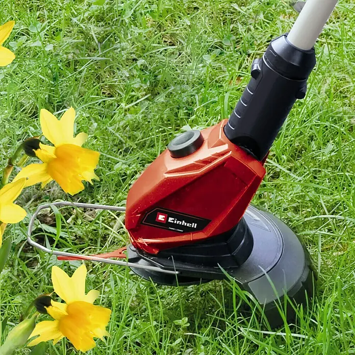 Einhell Power X-Change 18V Akku-Rasentrimmer GE-CT 18 Li-Solo - 18 V, Li-Ionen, Ohne Akku - Ein Einhell Rasentrimmer steht auf einer grünen Wiese mit gelben Narzissen. Perfekt für präzise Rasenpflege und Kantenschnitte im Garten.