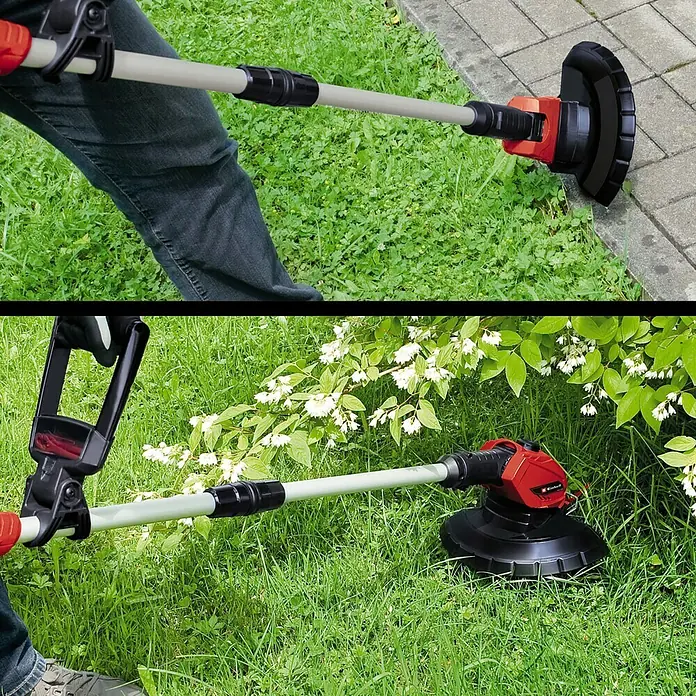 Einhell Power X-Change 18V Akku-Rasentrimmer GE-CT 18 Li-Solo - 18 V, Li-Ionen, Ohne Akku - Eine Akku-Rasentrimmer in Aktion, der Rasenflächen und Kanten präzise schneidet. Das Gerät ist rot und schwarz und wird im Garten verwendet.