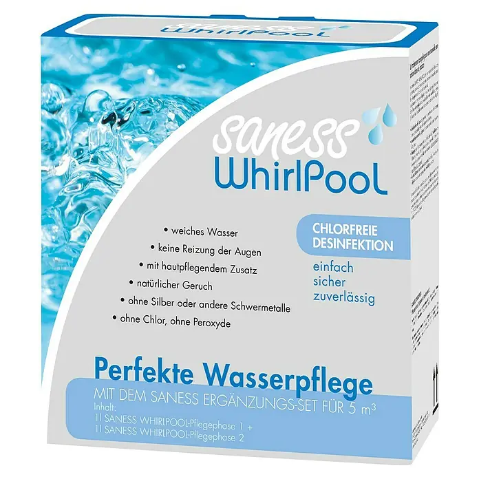 Saness Ergänzungs-Set WhirlPool - Geeignet für: Whirlpool - Bild einer Packung Saness Whirlpool Wasserpflege, die chlorfreie Desinfektion für weiches Wasser und natürliche Düfte verspricht.