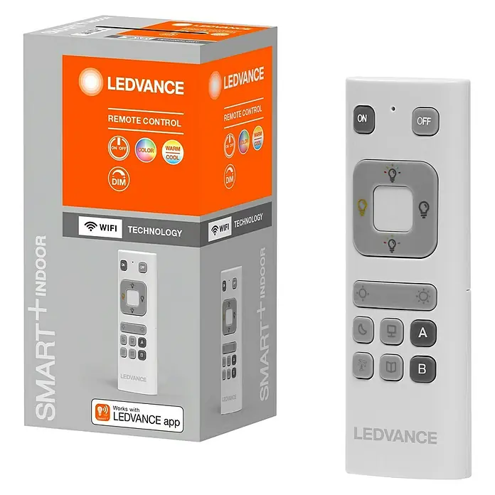Ledvance Smart+ WiFi Fernbedienung COLOR CHANGE - Weiß, L x B x H: 120 x 41 x 19 mm - Nahaufnahme der LEDVANCE Smart+ Indoor-Fernbedienung und der Produktverpackung, die die intelligente Technologie hervorhebt.